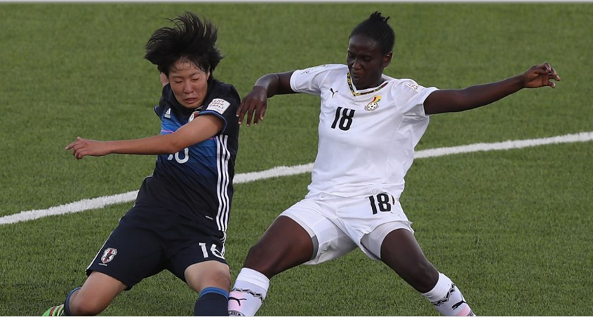 Jun Endo of Japan battles with Blessing Agbomadzi of Ghana Japan thrash Ghana's Black Maidens 5-0 in U-17 World Cup